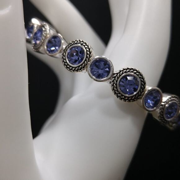 Blue Lavender Rhinestone Silver Tone Stretch Bracelet, 7 1/2 Inches - Picture 3 of 7